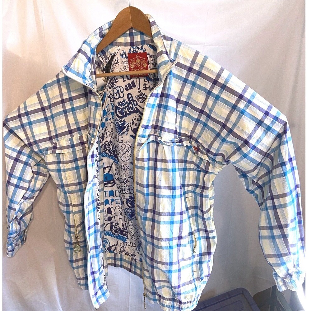 Stash House XL Plaid Bright Jacket Blue /Yellow/White Graffiti Print Streetwear